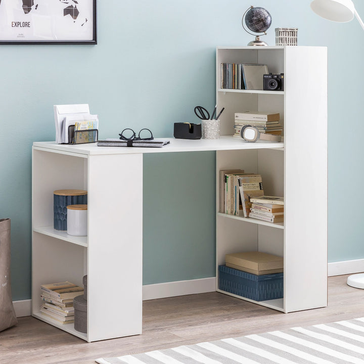 Schreibtisch mit Regal BRENTA_ 120x120x53 cm_ Spanplatten_ variable Regalhöhen - KADIMA DESIGN_Farbe_ Weiß_ Größe_ 120x53x120 cm_
