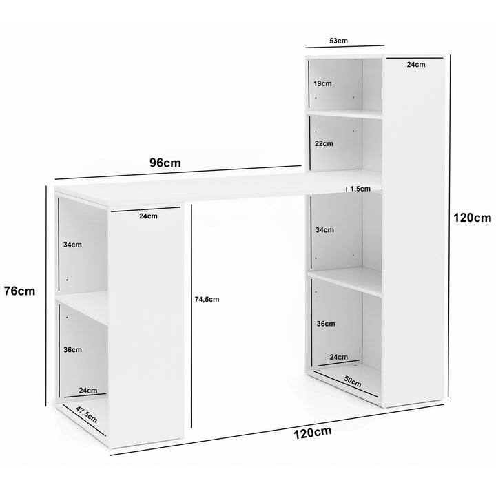 Schreibtisch mit Regal BRENTA_ 120x120x53 cm_ Spanplatten_ variable Regalhöhen - KADIMA DESIGN_Farbe_ Weiß_ Größe_ 120x53x120 cm_
