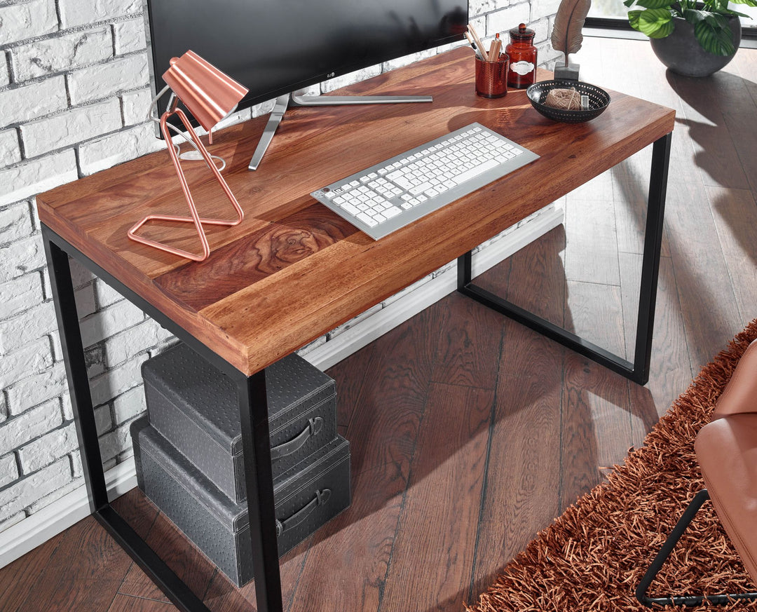 Industrie Schreibtisch_ Sheesham-Massivholz/Metall_ Handgefertigt_ Materialmix - KADIMA DESIGN_Größe_ 117x59x77 cm_