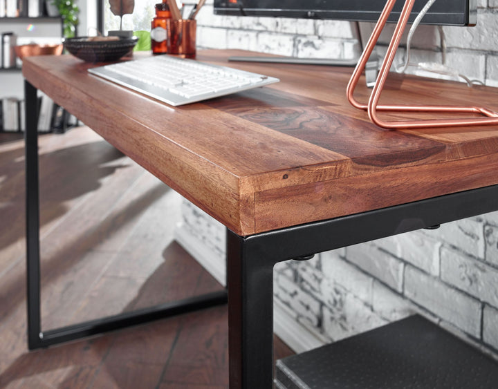 KADIMA DESIGN Industrie Schreibtisch aus Sheesham-Massivholz und Metall - Handgefertigtes Unikat mit elegantem Materialmix_Braun_#sku_BARWL6.518#