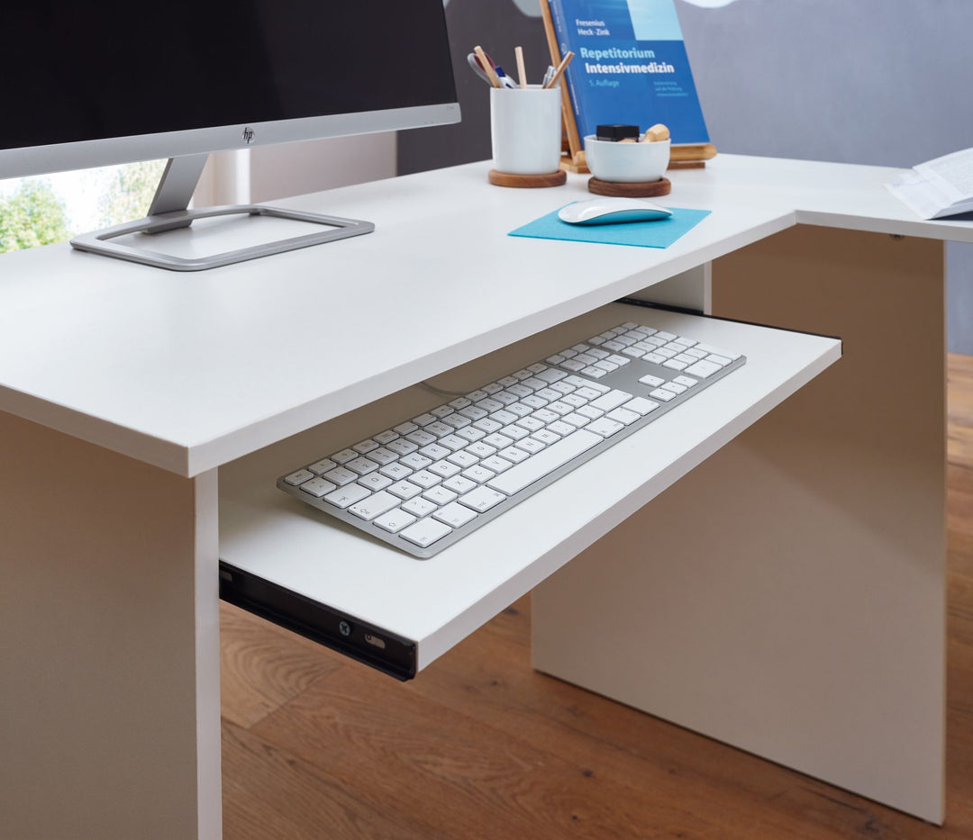 KADIMA DESIGN Schreibtischkombination ITTER 140 cm mit integriertem Standregal und Tastaturauszug_Weiß_#sku_BARWL5.307#