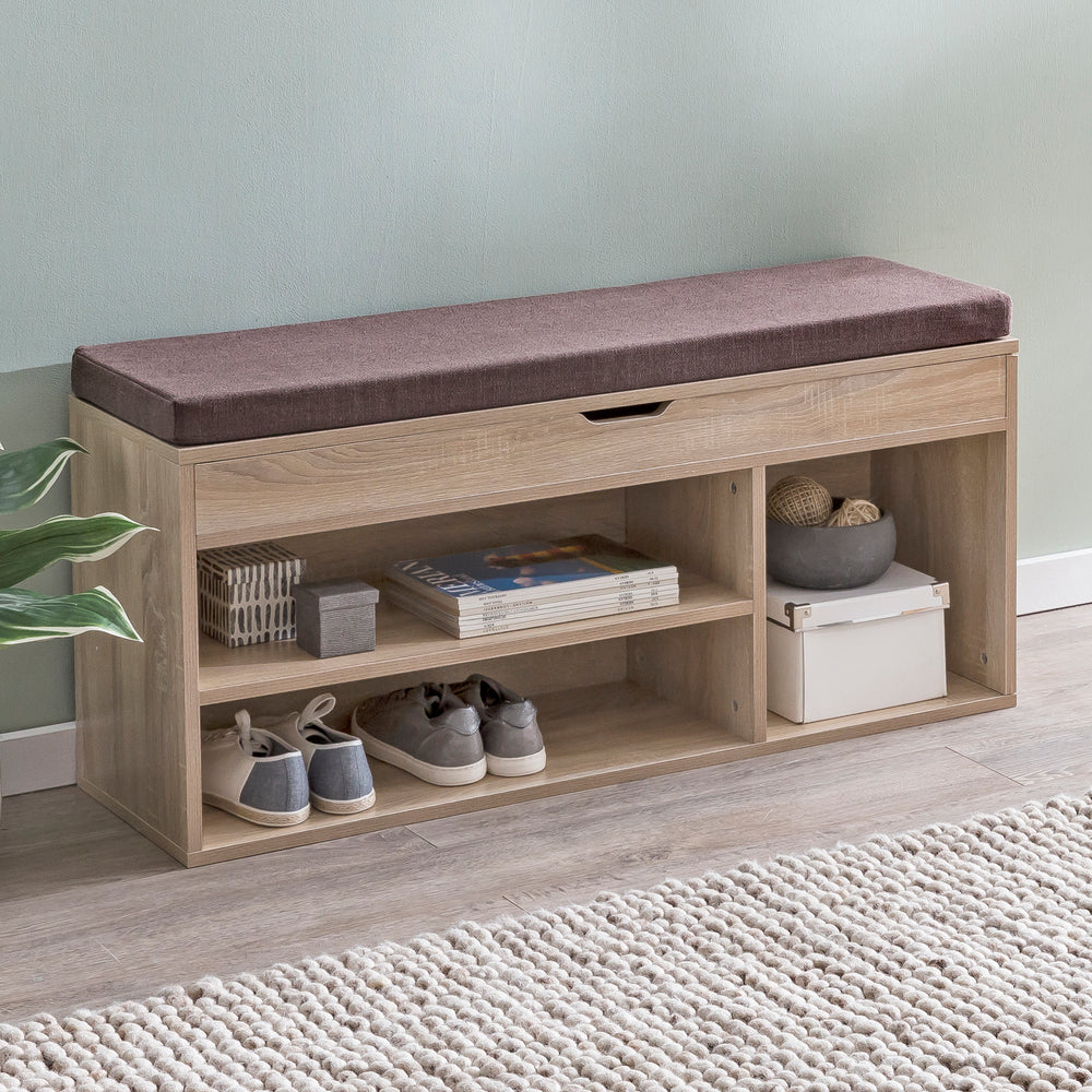 Garderobenbank mit Stauraum_ Sitzkomfort_ Funktionalität_ Braun Stoffbezug_ Viel Stauraum_ Melaminharzbeschichtung - KADIMA DESIGN_Farbe_ Beige_ Größe_ 104x32x51 cm_
