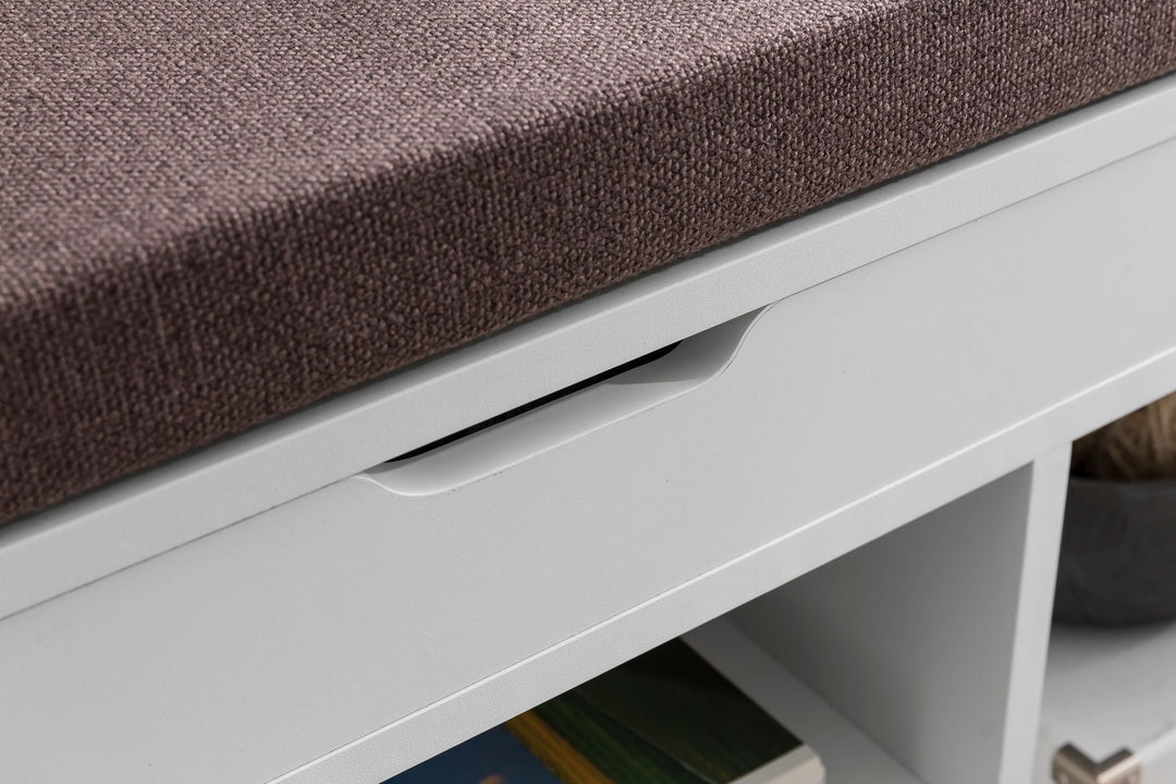 Garderobenbank mit Stauraum_ Sitzkomfort_ Funktionalität_ Braun Stoffbezug_ Viel Stauraum_ Melaminharzbeschichtung - KADIMA DESIGN_Farbe_ Weiß_ Größe_ 104x32x51 cm_