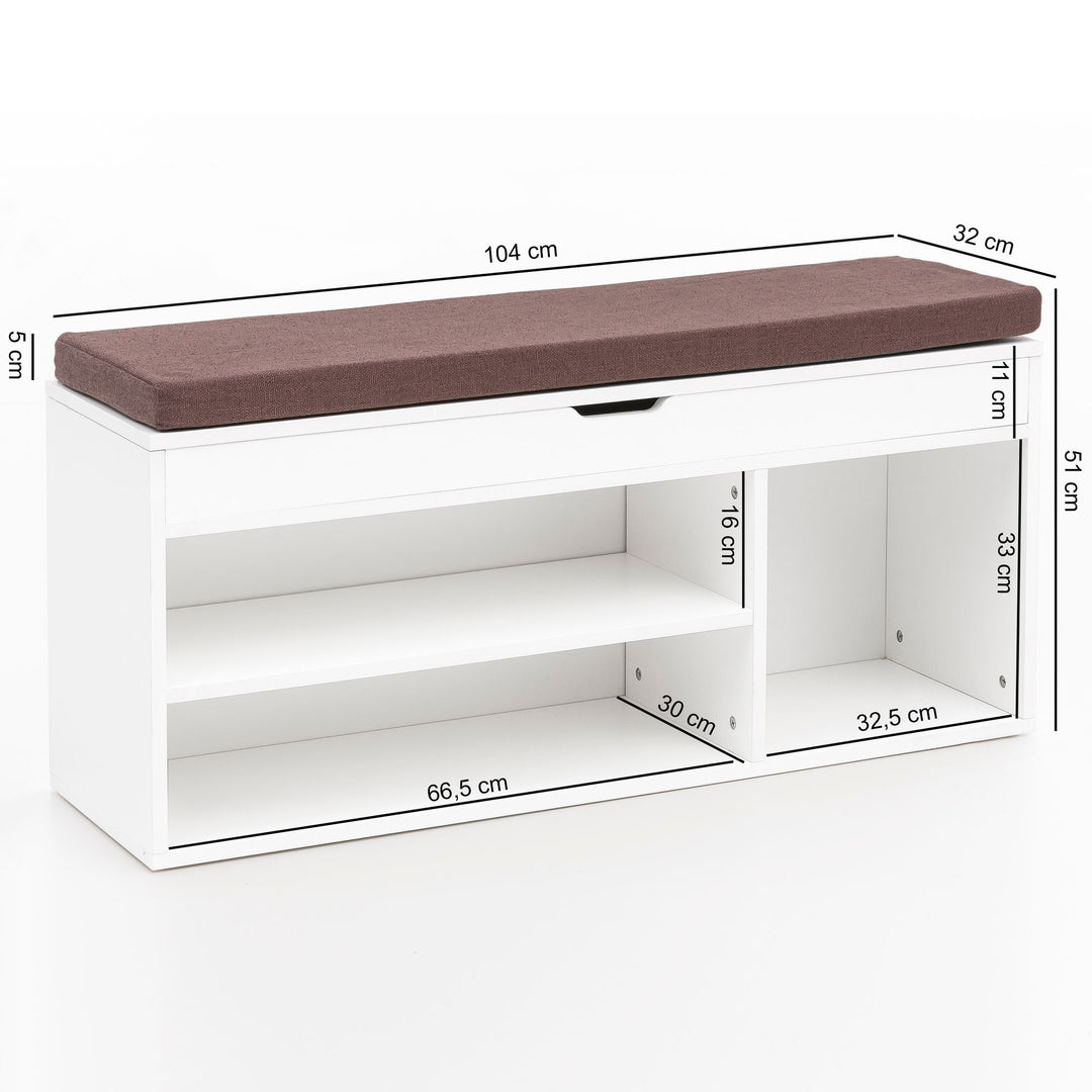 Garderobenbank mit Stauraum_ Sitzkomfort_ Funktionalität_ Braun Stoffbezug_ Viel Stauraum_ Melaminharzbeschichtung - KADIMA DESIGN_Farbe_ Weiß_ Größe_ 104x32x51 cm_
