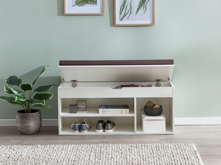 Garderobenbank mit Stauraum_ Sitzkomfort_ Funktionalität_ Braun Stoffbezug_ Viel Stauraum_ Melaminharzbeschichtung - KADIMA DESIGN_Farbe_ Weiß_ Größe_ 104x32x51 cm_
