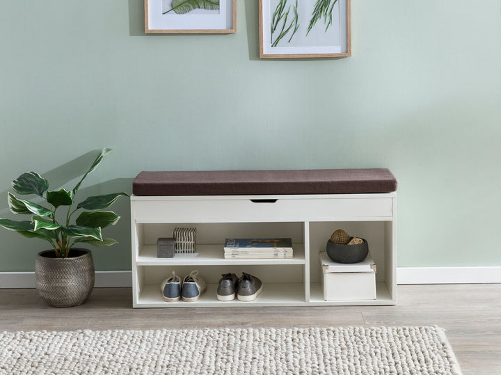 Garderobenbank mit Stauraum_ Sitzkomfort_ Funktionalität_ Braun Stoffbezug_ Viel Stauraum_ Melaminharzbeschichtung - KADIMA DESIGN_Farbe_ Weiß_ Größe_ 104x32x51 cm_
