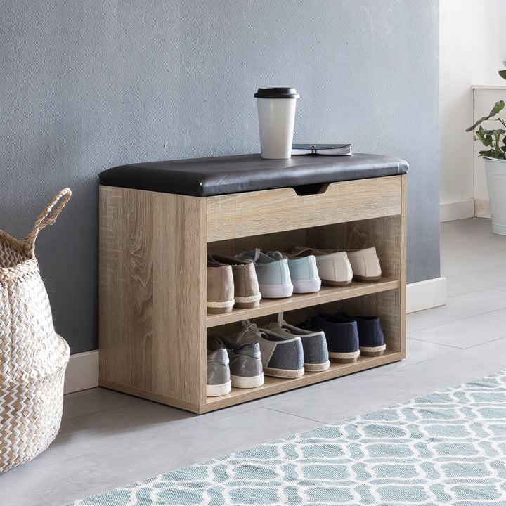 Schuhbank CIGNO mit Stauraum_ Gepolsterter Kunstlederbezug_ Weiß/Sonoma Eiche_ Melaminharzbeschichtung - KADIMA DESIGN_Farbe_ Beige_ Größe_ 60x30x40 cm_