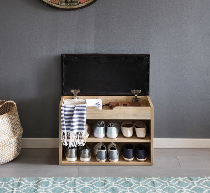 Schuhbank CIGNO mit Stauraum_ Gepolsterter Kunstlederbezug_ Weiß/Sonoma Eiche_ Melaminharzbeschichtung - KADIMA DESIGN_Farbe_ Beige_ Größe_ 60x30x40 cm_