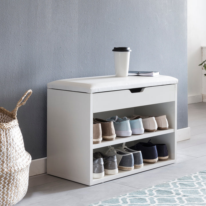 Schuhbank CIGNO mit Stauraum_ Gepolsterter Kunstlederbezug_ Weiß/Sonoma Eiche_ Melaminharzbeschichtung - KADIMA DESIGN_Farbe_ Weiß_ Größe_ 60x30x40 cm_