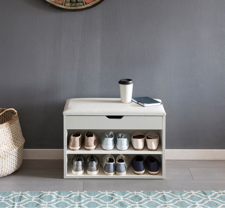 Schuhbank CIGNO mit Stauraum_ Gepolsterter Kunstlederbezug_ Weiß/Sonoma Eiche_ Melaminharzbeschichtung - KADIMA DESIGN_Farbe_ Weiß_ Größe_ 60x30x40 cm_