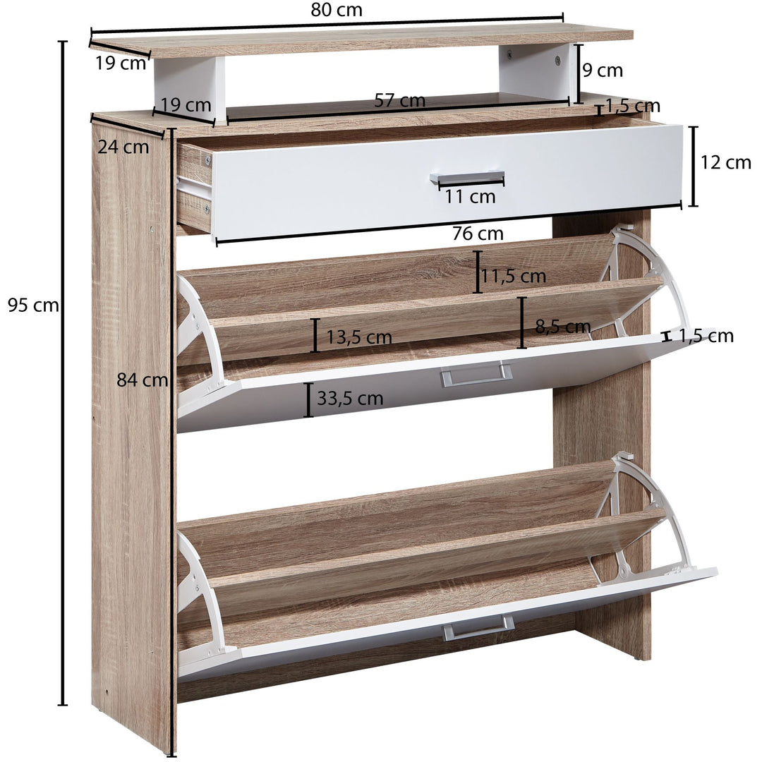 Schuhkipper mit Schublade - Sonoma Eiche_ 4 Fächer_ Großzügige Ablagefläche_ Formschöne Griffe_ MDF Holz_ KADIMA DESIGN_Größe_ 80x24x95 cm_