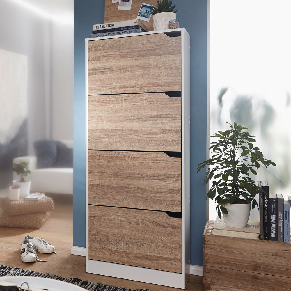 Schuhschrank 4 Fächer - 24 Paar Schuhe_ Weiß und Sonoma Eiche_ Robuste Spanplatte_ KADIMA DESIGN_Größe_ 60x24x150 cm_