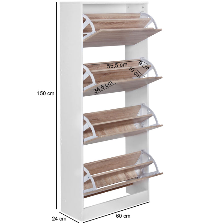 Schuhschrank 4 Fächer - 24 Paar Schuhe_ Weiß und Sonoma Eiche_ Robuste Spanplatte_ KADIMA DESIGN_Größe_ 60x24x150 cm_