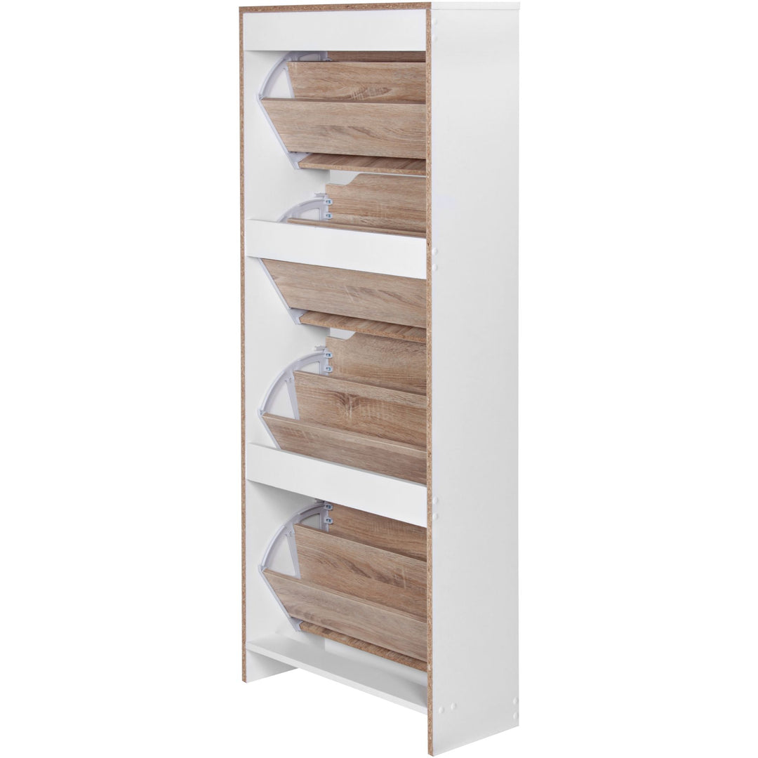 Schuhschrank 4 Fächer - 24 Paar Schuhe_ Weiß und Sonoma Eiche_ Robuste Spanplatte_ KADIMA DESIGN_Größe_ 60x24x150 cm_
