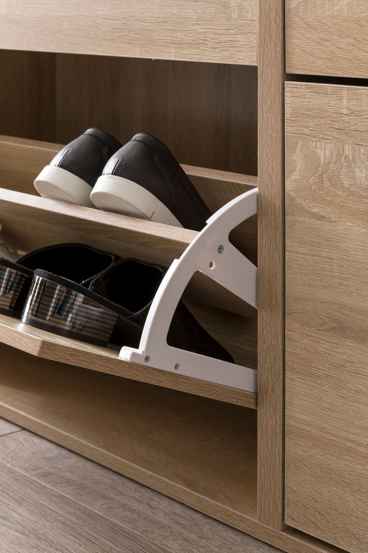 Schuhschrank NIDDA Holz_ Zeitloses Design_ große Ablagefläche_ 4 Klapptüren_ 8 Schuhablagen_ einfacher Aufbau - KADIMA DESIGN_Farbe_ Beige_ Größe_ 120x24x81 cm_