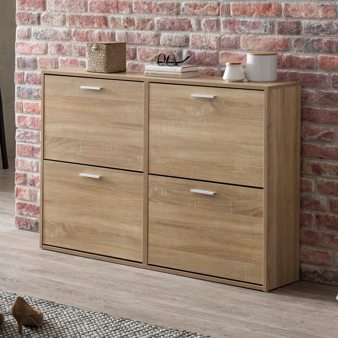Schuhschrank NIDDA Holz_ Zeitloses Design_ große Ablagefläche_ 4 Klapptüren_ 8 Schuhablagen_ einfacher Aufbau - KADIMA DESIGN_Farbe_ Beige_ Größe_ 120x24x81 cm_