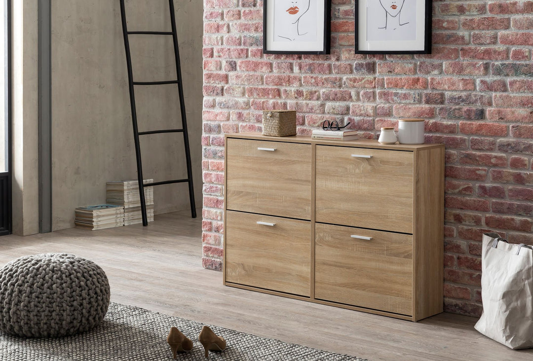 Schuhschrank NIDDA Holz_ Zeitloses Design_ große Ablagefläche_ 4 Klapptüren_ 8 Schuhablagen_ einfacher Aufbau - KADIMA DESIGN_Farbe_ Beige_ Größe_ 120x24x81 cm_