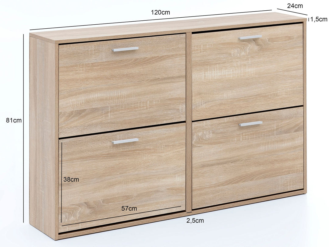 Schuhschrank NIDDA Holz_ Zeitloses Design_ große Ablagefläche_ 4 Klapptüren_ 8 Schuhablagen_ einfacher Aufbau - KADIMA DESIGN_Farbe_ Beige_ Größe_ 120x24x81 cm_