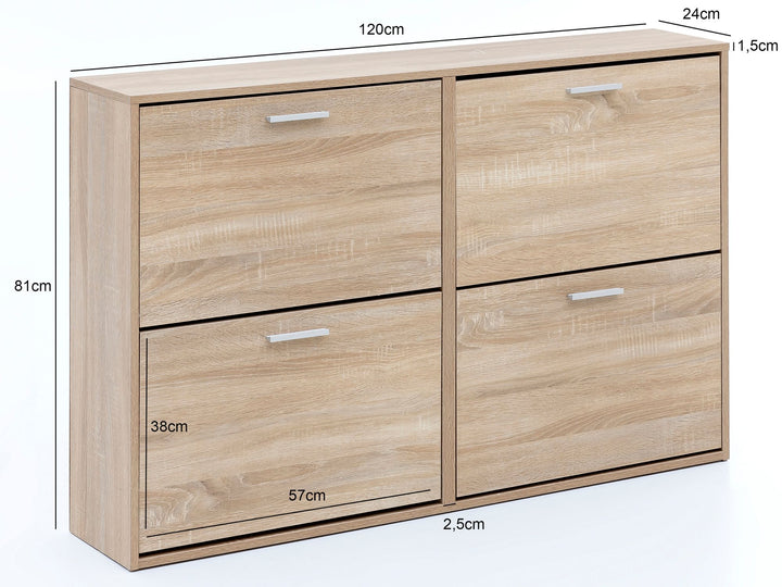 Schuhschrank NIDDA Holz_ Zeitloses Design_ große Ablagefläche_ 4 Klapptüren_ 8 Schuhablagen_ einfacher Aufbau - KADIMA DESIGN_Farbe_ Beige_ Größe_ 120x24x81 cm_