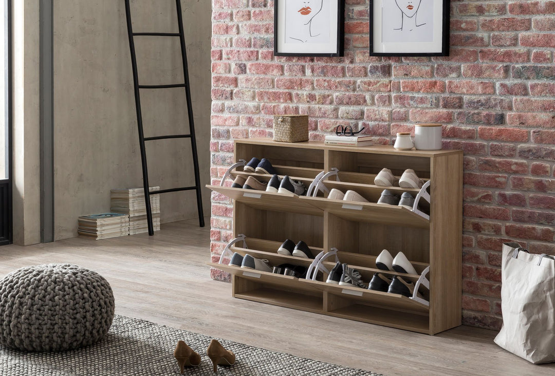 Schuhschrank NIDDA Holz_ Zeitloses Design_ große Ablagefläche_ 4 Klapptüren_ 8 Schuhablagen_ einfacher Aufbau - KADIMA DESIGN_Farbe_ Beige_ Größe_ 120x24x81 cm_
