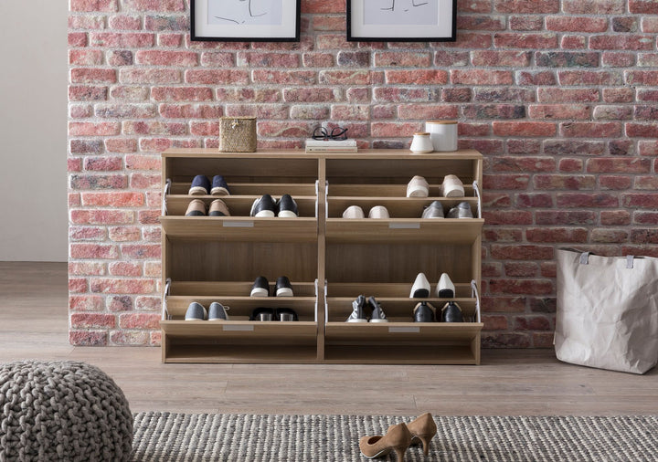 Schuhschrank NIDDA Holz_ Zeitloses Design_ große Ablagefläche_ 4 Klapptüren_ 8 Schuhablagen_ einfacher Aufbau - KADIMA DESIGN_Farbe_ Beige_ Größe_ 120x24x81 cm_