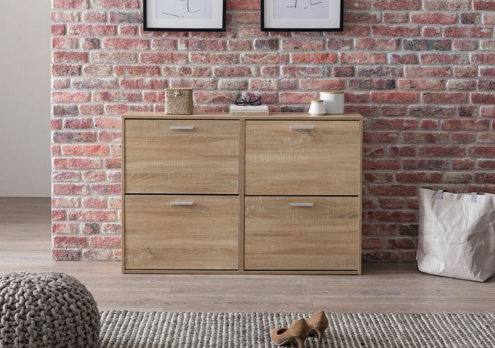 Schuhschrank NIDDA Holz_ Zeitloses Design_ große Ablagefläche_ 4 Klapptüren_ 8 Schuhablagen_ einfacher Aufbau - KADIMA DESIGN_Farbe_ Beige_ Größe_ 120x24x81 cm_