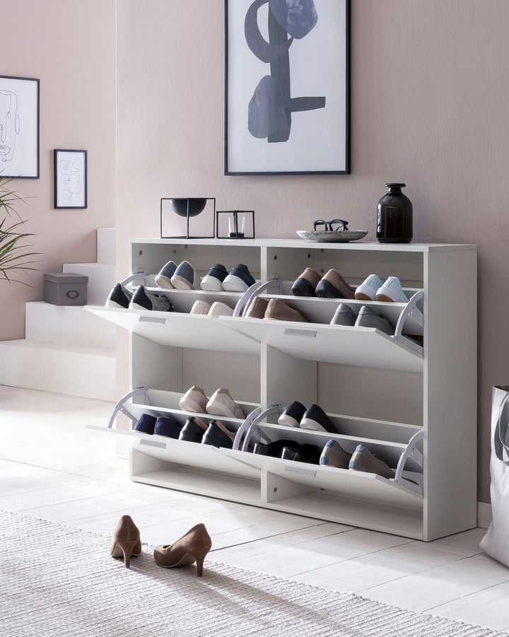 Schuhschrank NIDDA Holz_ Zeitloses Design_ große Ablagefläche_ 4 Klapptüren_ 8 Schuhablagen_ einfacher Aufbau - KADIMA DESIGN_Farbe_ Weiß_ Größe_ 120x24x81 cm_