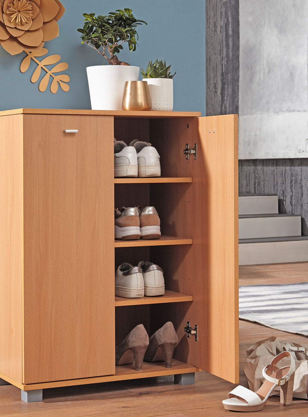 Schuhschrank-Kommode für bis zu 12 Paar Schuhe_ 2 Türen_ 3 Einlegeböden_ in Buche_ Weiß_ Sonoma Eiche - KADIMA DESIGN_Farbe_ Braun_ Größe_ 60x35x90 cm_