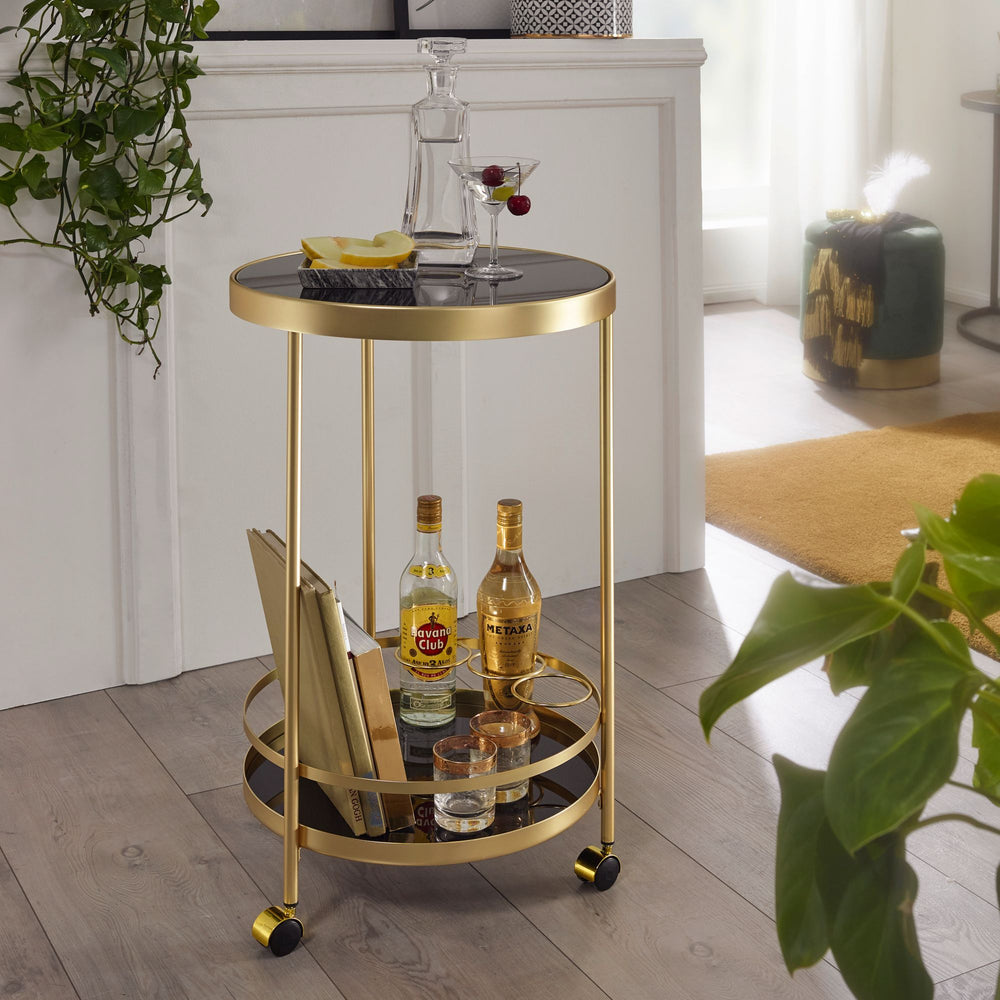 Goldener Servierwagen mit Retro-Charme und Schwarzem Sicherheitsglas - KADIMA DESIGN_Größe_ 45x45x76 cm_