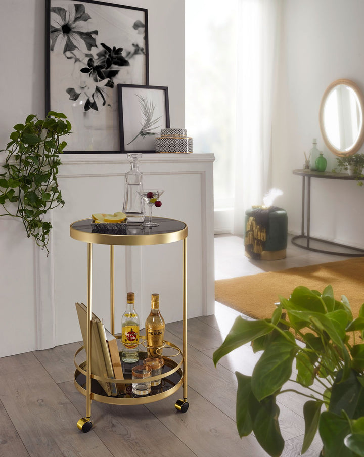 Goldener Servierwagen mit Retro-Charme und Schwarzem Sicherheitsglas - KADIMA DESIGN_Größe_ 45x45x76 cm_