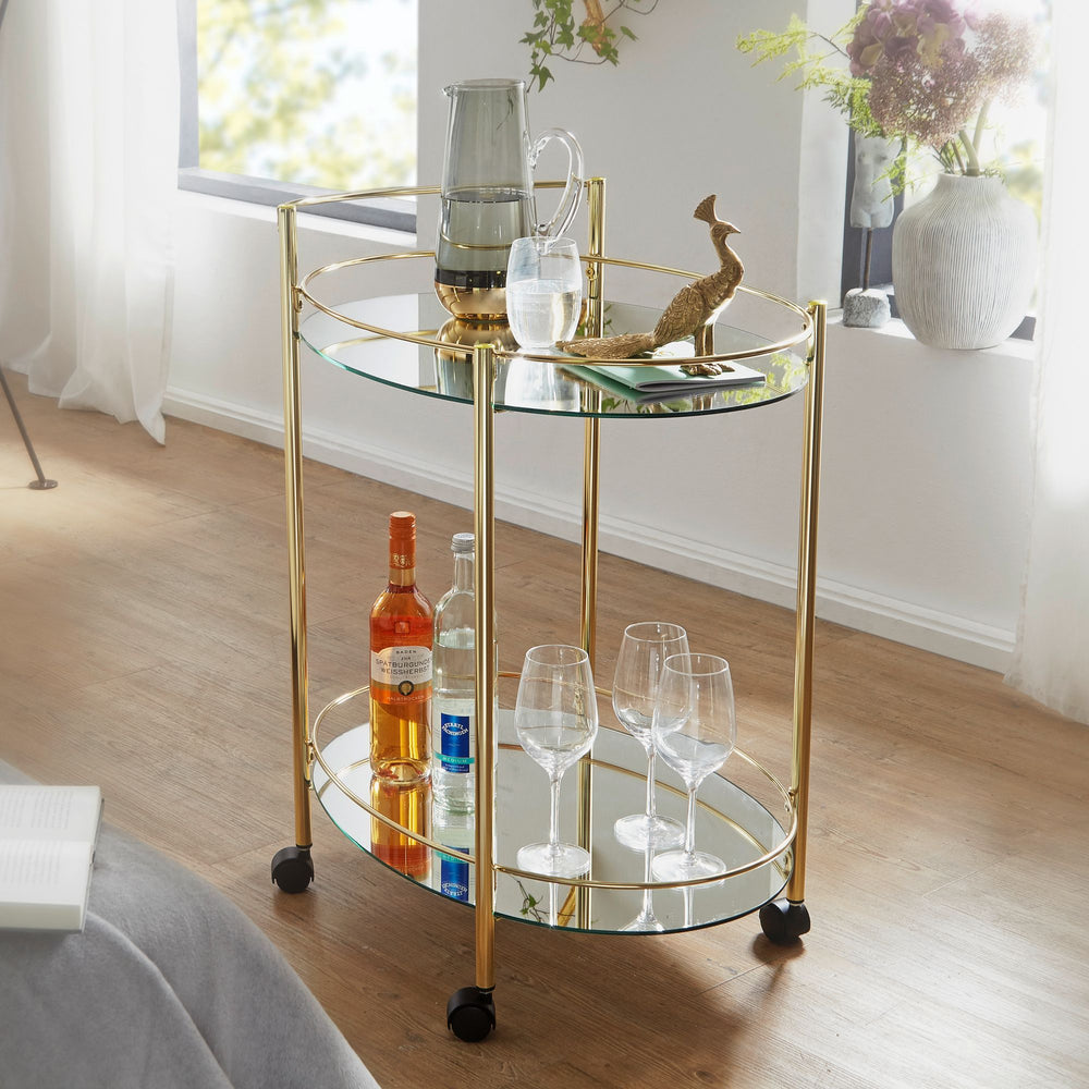 Goldener Servierwagen_ Retro-Charme_ 2 Glasplatten_ rollbar_ stabile Stahlkonstruktion_ leicht zu reinigen - KADIMA DESIGN_Größe_ 67x46x79 cm_
