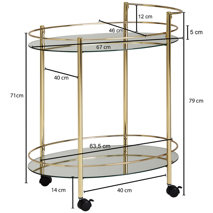 Goldener Servierwagen_ Retro-Charme_ 2 Glasplatten_ rollbar_ stabile Stahlkonstruktion_ leicht zu reinigen - KADIMA DESIGN_Größe_ 67x46x79 cm_