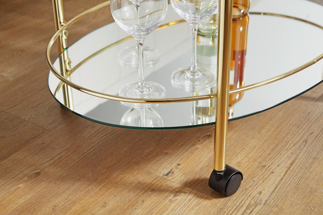Goldener Servierwagen_ Retro-Charme_ 2 Glasplatten_ rollbar_ stabile Stahlkonstruktion_ leicht zu reinigen - KADIMA DESIGN_Größe_ 67x46x79 cm_