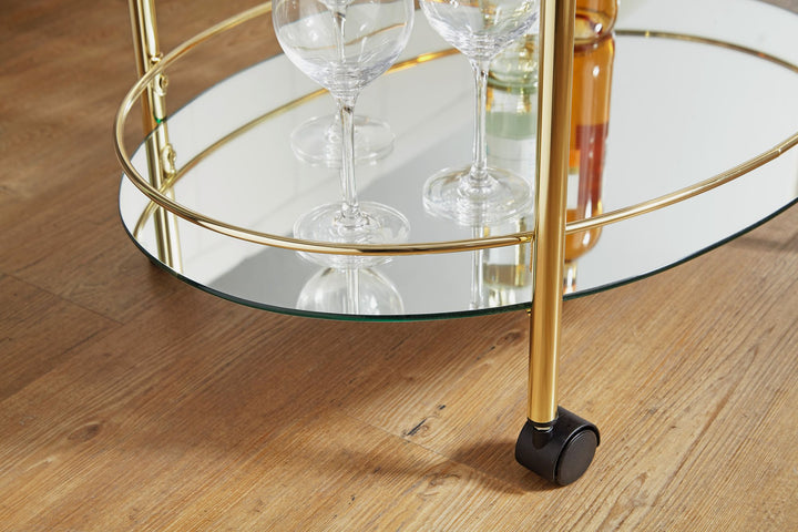 Goldener Servierwagen_ Retro-Charme_ 2 Glasplatten_ rollbar_ stabile Stahlkonstruktion_ leicht zu reinigen - KADIMA DESIGN_Größe_ 67x46x79 cm_