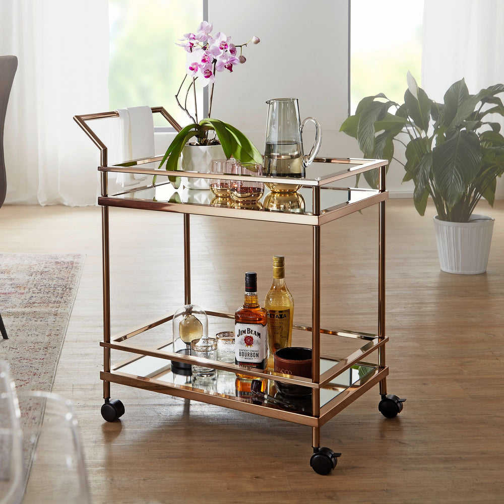 Goldener Servierwagen mit verspiegeltem Sicherheitsglas_ rollbar_ stilvoll_ vielseitig - KADIMA DESIGN_Größe_ 65x45x84 cm_