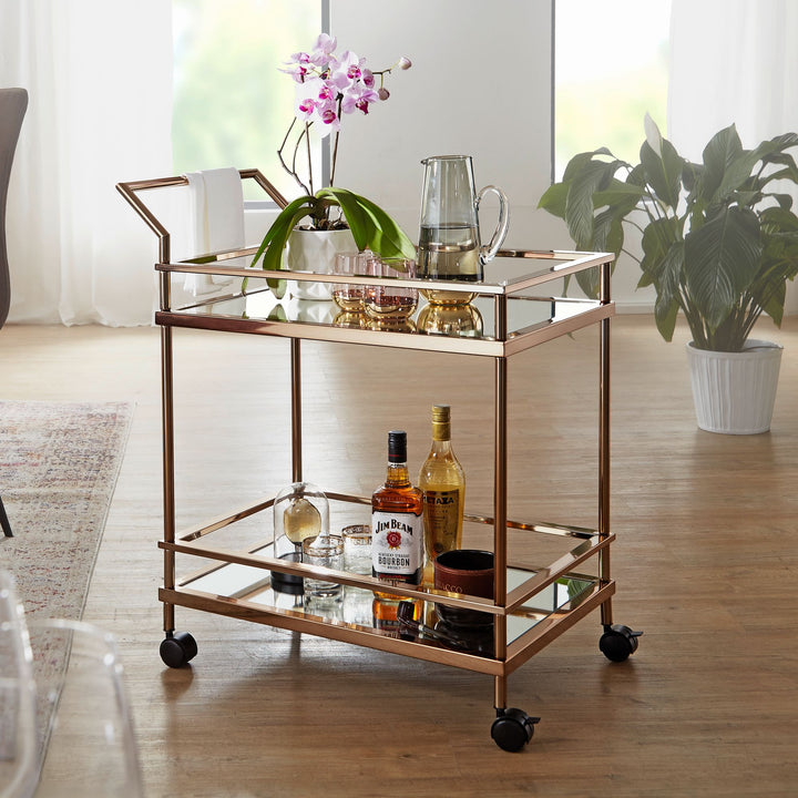 Goldener Servierwagen mit verspiegeltem Sicherheitsglas_ rollbar_ stilvoll_ vielseitig - KADIMA DESIGN_Größe_ 65x45x84 cm_
