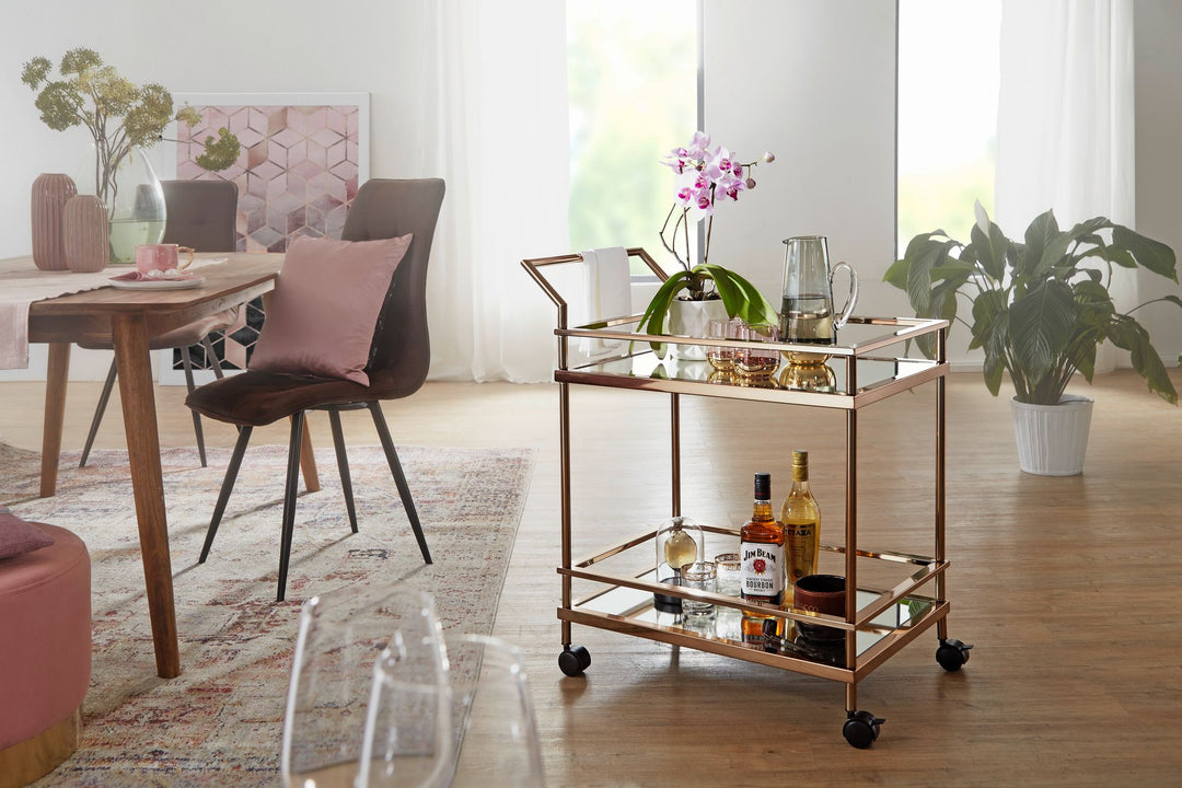 Goldener Servierwagen mit verspiegeltem Sicherheitsglas_ rollbar_ stilvoll_ vielseitig - KADIMA DESIGN_Größe_ 65x45x84 cm_