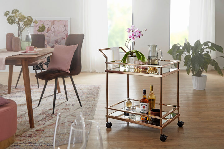 Goldener Servierwagen mit verspiegeltem Sicherheitsglas_ rollbar_ stilvoll_ vielseitig - KADIMA DESIGN_Größe_ 65x45x84 cm_