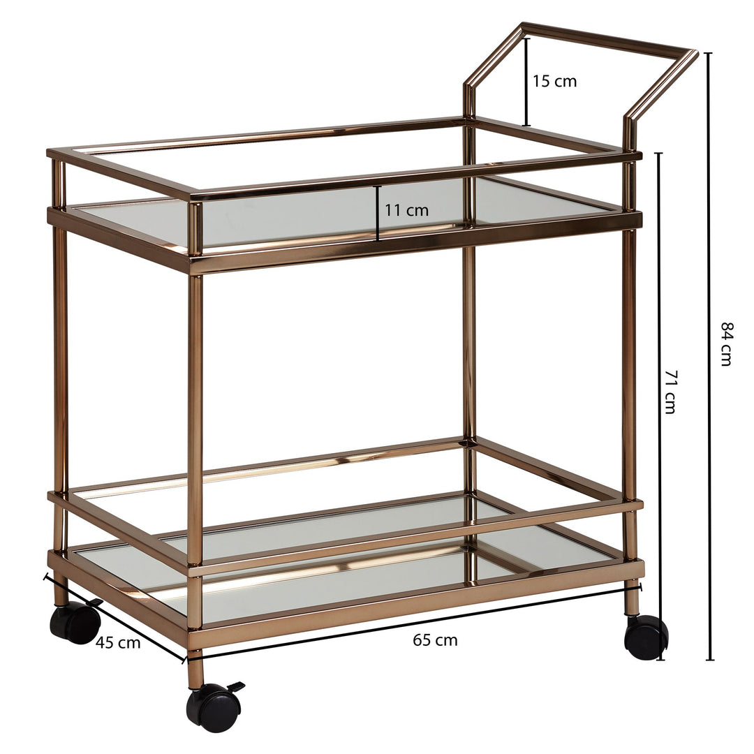 Goldener Servierwagen mit verspiegeltem Sicherheitsglas_ rollbar_ stilvoll_ vielseitig - KADIMA DESIGN_Größe_ 65x45x84 cm_