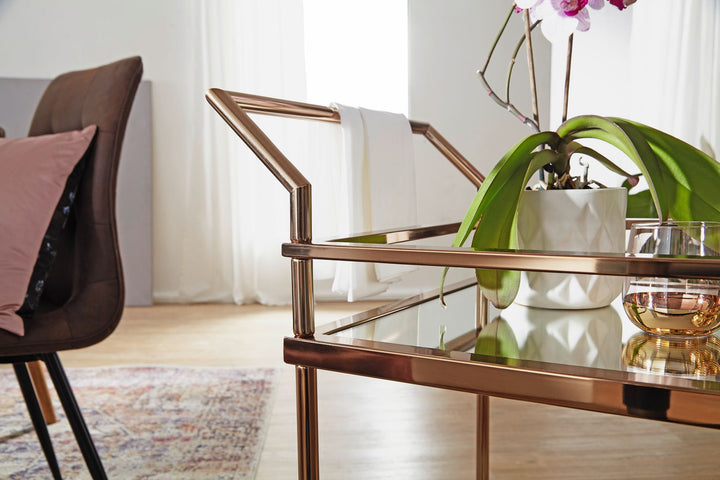 Goldener Servierwagen mit verspiegeltem Sicherheitsglas_ rollbar_ stilvoll_ vielseitig - KADIMA DESIGN_Größe_ 65x45x84 cm_