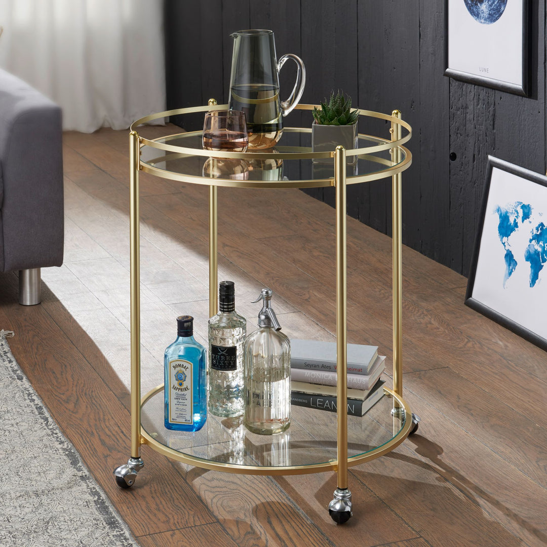 Goldener Servierwagen_ mobiler Beistelltisch_ Sicherheitsglas_ Mehrzwecknutzung - KADIMA DESIGN_Größe_ 57x57x75 cm_