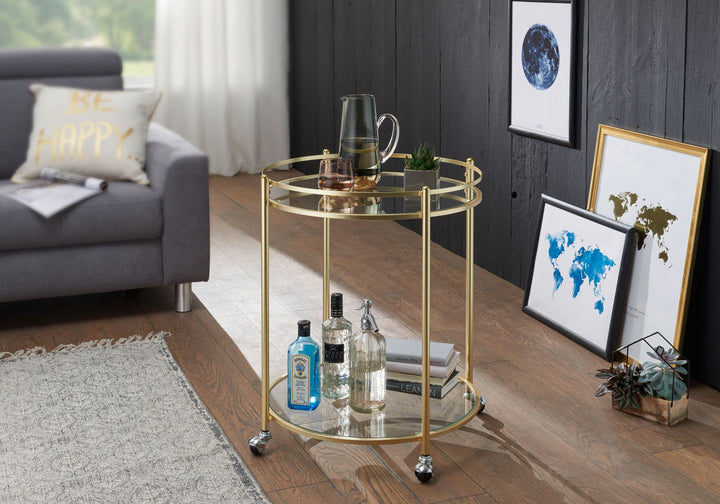 Goldener Servierwagen_ mobiler Beistelltisch_ Sicherheitsglas_ Mehrzwecknutzung - KADIMA DESIGN_Größe_ 57x57x75 cm_