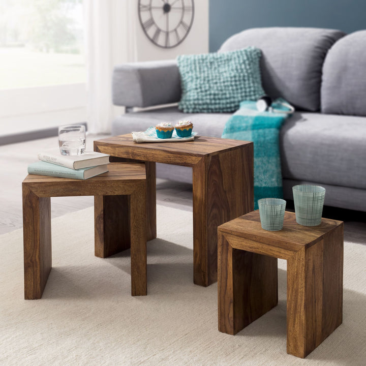 Satztisch Set_ 3-teilig_ Massivholz_ platzsparend_ handgefertigt_ 45x50x30 cm_ 37_5x37_5x28 cm_ 30x25x25 cm - KADIMA DESIGN_Farbe_ Braun_ Größe_ 50x30x50 cm_