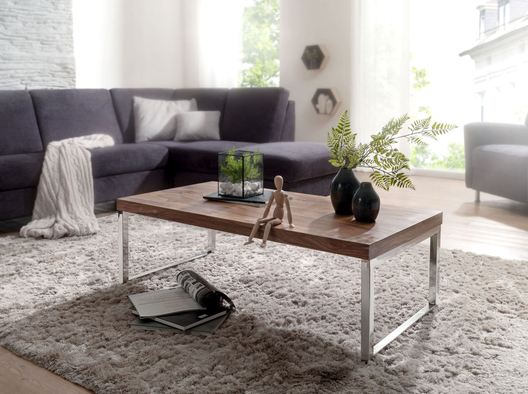 Couchtisch ISEN_ Massivholz_ Chromfüße_ 120x40x60 cm_ handgefertigt_ Sheesham/Akazie - KADIMA DESIGN_Farbe_ Braun_ Größe_ 120x60x40 cm_