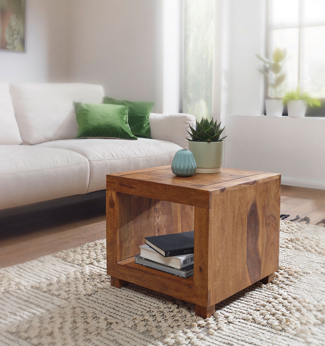 Sheesham Couchtisch Wood Massiv_ Modern_ Landhaus-Stil_ MDF_ Kunstleder_ drehbar_ 60x45x35 cm - KADIMA DESIGN_Größe_ 50x50x45 cm_