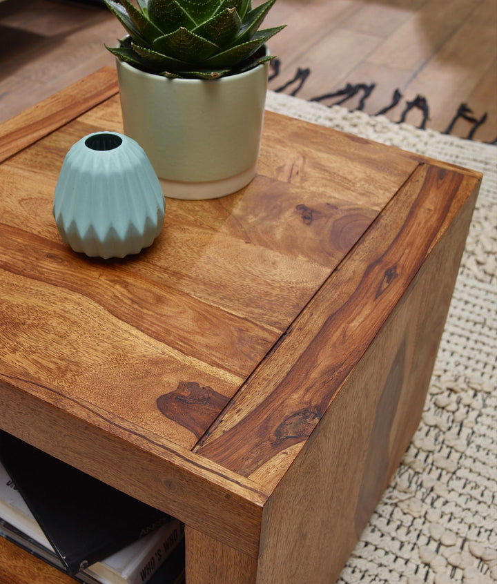 Sheesham Couchtisch Wood Massiv_ Modern_ Landhaus-Stil_ MDF_ Kunstleder_ drehbar_ 60x45x35 cm - KADIMA DESIGN_Größe_ 50x50x45 cm_