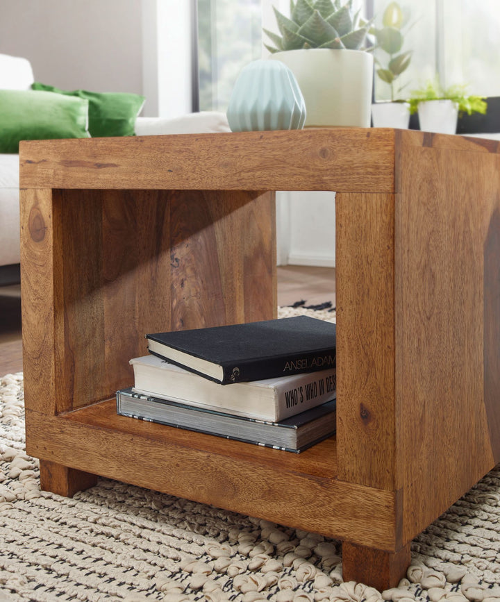 Sheesham Couchtisch Wood Massiv_ Modern_ Landhaus-Stil_ MDF_ Kunstleder_ drehbar_ 60x45x35 cm - KADIMA DESIGN_Größe_ 50x50x45 cm_