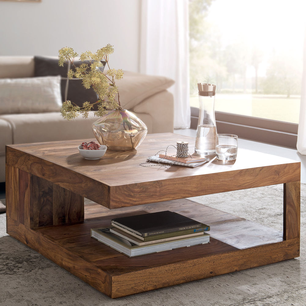 Sheesham Wohnzimmertisch Massiv_ Quadratisch_ 90x90 cm_ Einzigartiges Unikat - KADIMA DESIGN_Größe_ 90x90x40 cm_