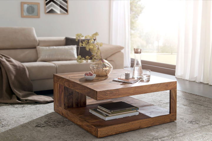 Sheesham Wohnzimmertisch Massiv_ Quadratisch_ 90x90 cm_ Einzigartiges Unikat - KADIMA DESIGN_Größe_ 90x90x40 cm_