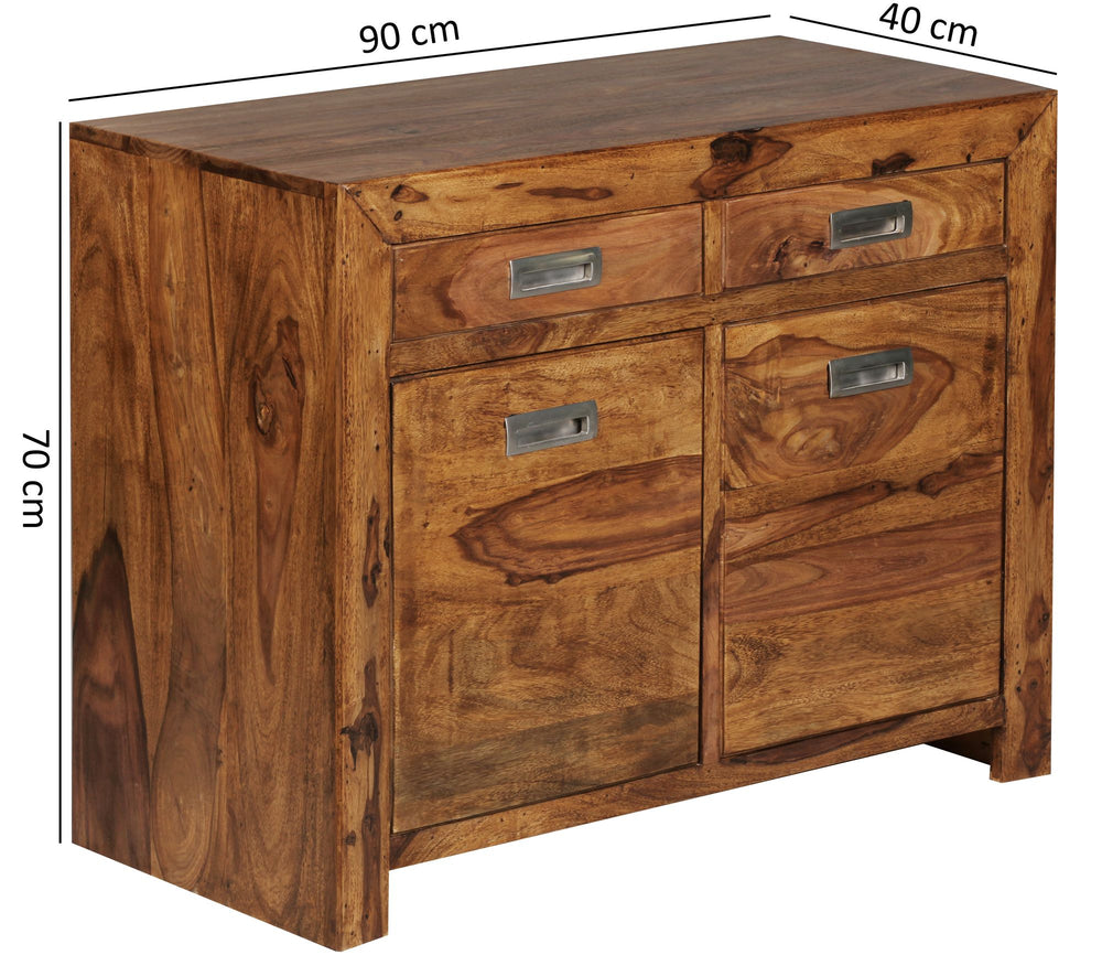 Massivholz Sideboard aus Sheesham_ 90 cm_ mit 2 Türen und Schubladen_ viel Stauraum_ ideal für Flur oder Wohnzimmer_ handgefertigt - KADIMA DESIGN_Größe_ 90x40x70 cm_